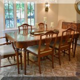 F01. Berkey & Gay Furniture dining table with one leaf and six chairs. 30”h x 62”w x 42”d 